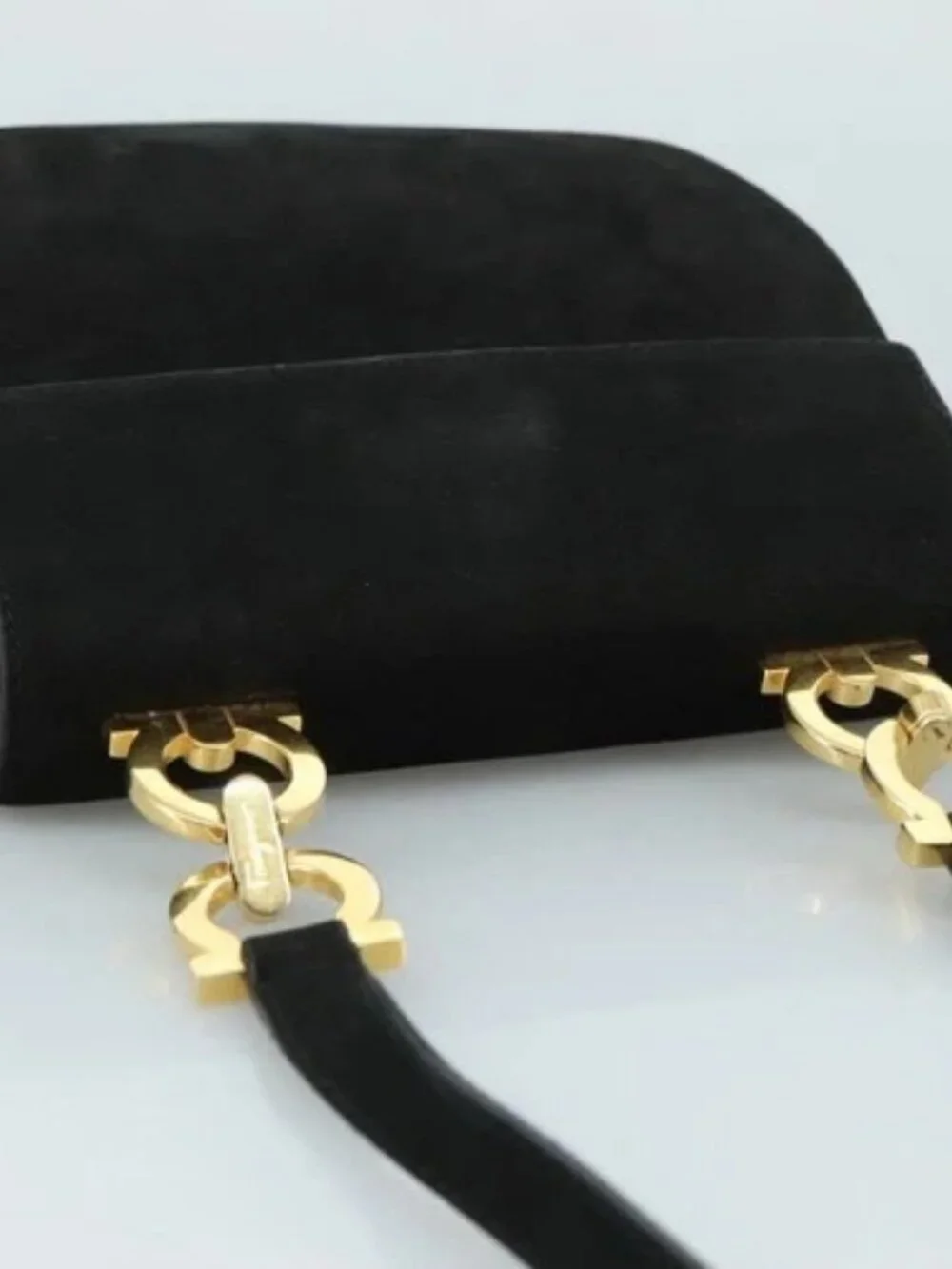 Salvatore Ferragamo Gancini Shoulder Bag Suede Black Gold Auth bs20936